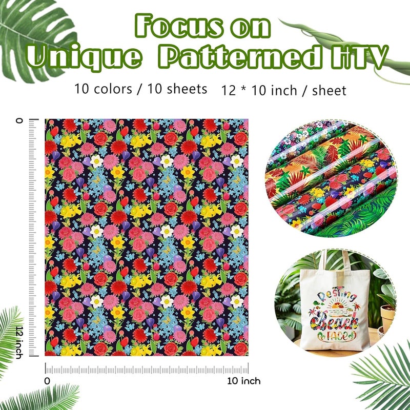 Tintnut Tropical Leaves Heat Transfer Vinyl - 10 Sheets 10x12 Inch Bundle Pineapple Hawaiian Floral Pattern Iron on Vinyl Coconut Tree Palm Printed HTV DIY T-Shirt Hat for Cricut or Silhouette Cameo - Image 2